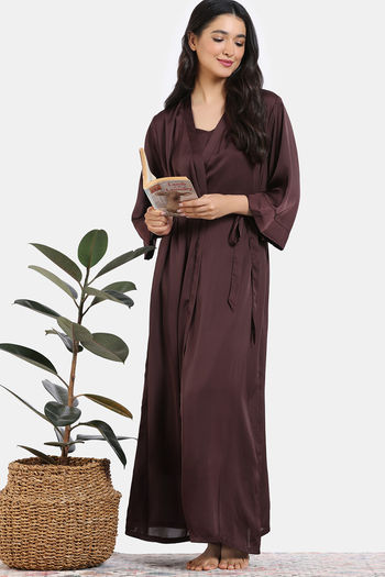 Buy Zivame Silky Elegance Woven Nightdress With Robe - Bitter Chocolate